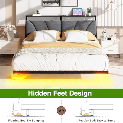 Full Size Floating Bed Frame with LED Lights and Charging Station,Metal Bed Frame Full Size with Stoarge Headboard,Full Bed Mattress Foundation No Box Spring Needed,Noise Free,Under Bed Storage,Black SOLACECASA