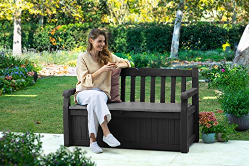 Keter Solana 70 Gallon Storage Bench Deck Box for Patio Furniture, Front Porch Decor and Outdoor Seating – Perfect to Store Garden Tools and Pool Floats, Graphite Keter