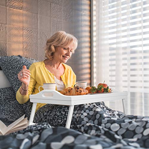 Breakfast Tray Table with Folding Legs Serving Tray Bamboo Dinner Trays for Platter Laptop Desk Bed Table Kitchen Serving Tray Snack Trays Large Size (White Large) Artmalle