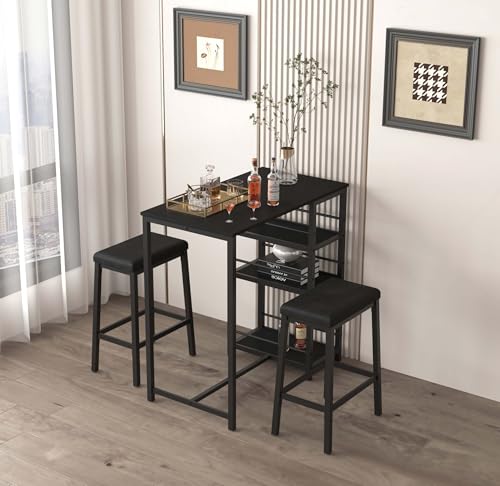 YHUBHSIS 3-Piece Dining Table and Chairs Set, 2-Person Kitchen Table and Chairs Set,with 3 Large Storage Shelves, for Kitchen Breakfast Table, Living Room, Bar, Small Space, Apartment (Black) YHUBHSIS
