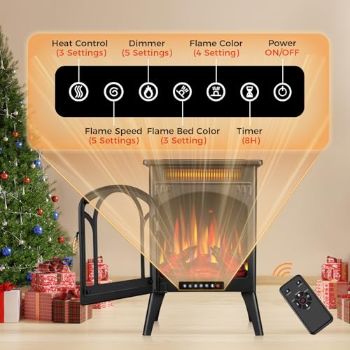Electric Fireplace Stove, 1500W, Fast Heating, X Infrared Fireplace Heater with Remote Control, 8H Timer, Freestanding Stove with Adjustable 3D Flame Overheat Protection, Indoor Fireplace Electactic