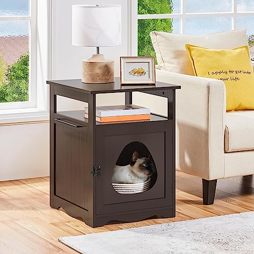 Yaheetech Cat Litter Box Enclosure, Hidden Litter Box Furniture with Open Shelf, Indoor Cat Washroom, Storage Cabinet Pet Crate, Side End Table, Wooden Pet House Espresso Yaheetech