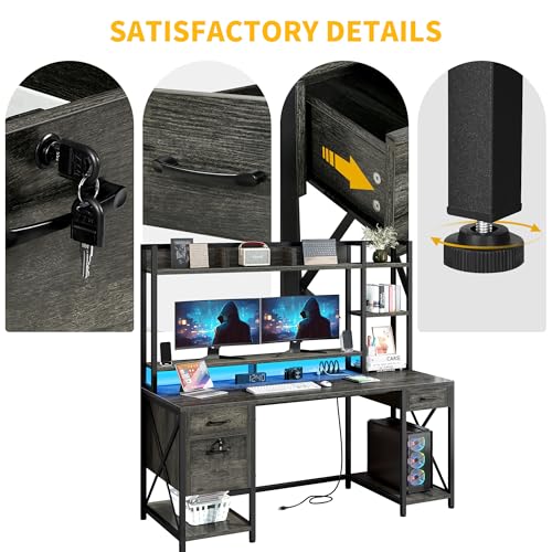 DWVO Computer Desk with Drawers & Hutch, 59.1" Office Desk with Power Outlets & LED Lights, Home Office Desk with Storage Shelves, Grey DWVO