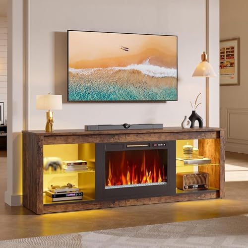 Bestier 70 Inch Fireplace TV Stand for TV up to 75", LED Entertainment Center with 23" Electric Fireplace Media Console Table for Living Room with Glass Shelves, Rustic Brown Bestier