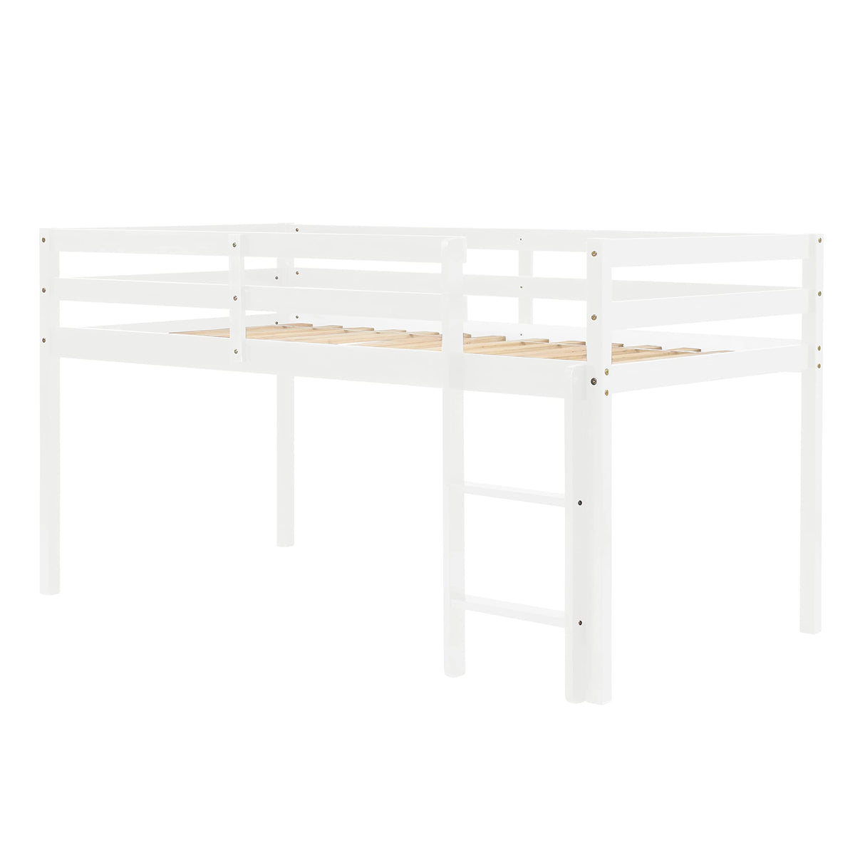 LoLado Twin Low Loft Bed Frame for Kids with Ladders and Guard Rails, Solid Wood Design in White LoLado