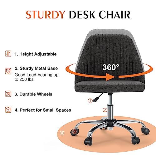 Sweetcrispy Armless Office Chair, Modern Fabric Home Office Desk Chairs with Wheels Adjustable Swivel Task Computer Vanity Seat for Small Spaces Sweetcrispy