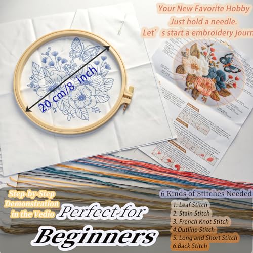 FONNUY Boho Floral Embroidery Kit, Pre-Stamped Butterfly Frolicking in Blooms Patterns Kits for Adults and Beginners, Handmade DIY Crafts Set, Color Thread Needlework, 8'' Hoop (Blue A2)