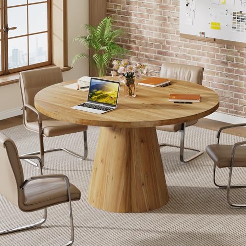 TRIBEWOOD 47.24" Solid Wood Conference Table, Rustic Round Meeting Table with Wooden Pedestal Base for 4-6 People, Small Seminar Table for Break Room, Office, Office Desk, Easy Assembly TRIBEWOOD