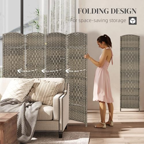 HOMCOM 4 Panel Room Divider, 6' Tall Folding Privacy Screen, Woven Freestanding Wall Partition for Home Office, Bedroom, Dark Rustic Oak HOMCOM