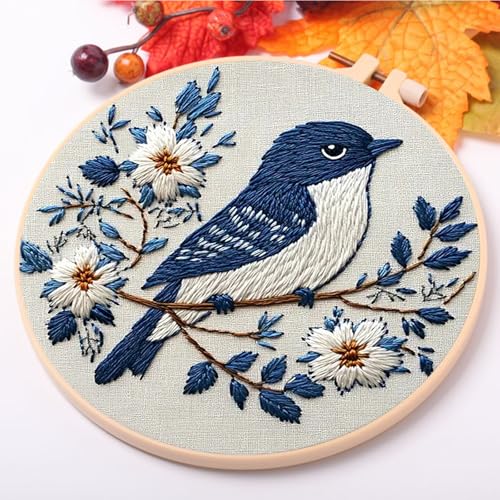 jinglinhh Embroidery Starter Kit Tit Bird Flowers for Adult Beginners, DIY Stamped Cross Stitch Kit Kit with Hoops, Threads & Embroidery Cloth, Needlework Craft Gift for Women