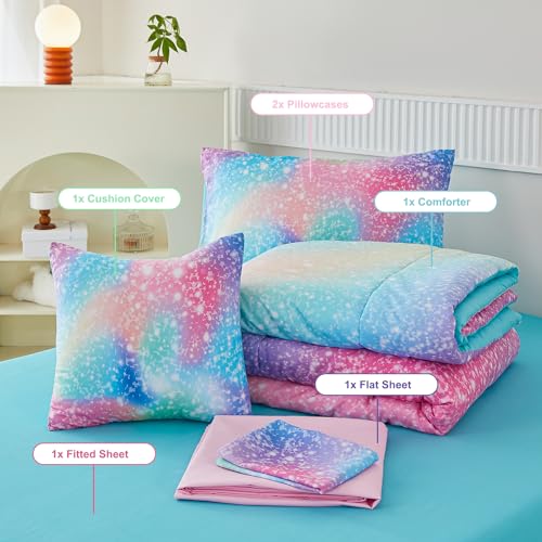 PERFEMET Pink Green Girls Twin Comforter Set, 6 Pieces Colorful Rainbow Kids Bedding Sets, Tie Dye Ombre Glitter Bed in A Bag Comforter Set with Sheets PERFEMET