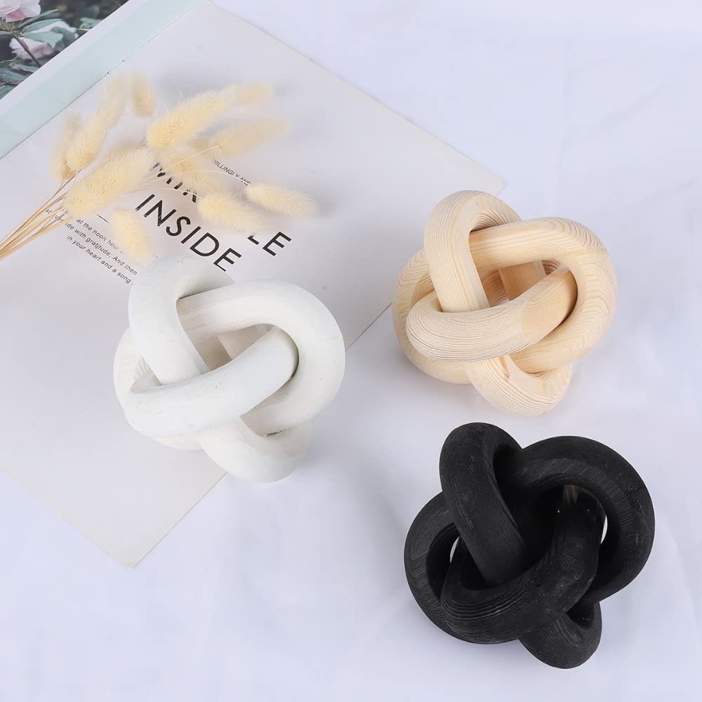 Prettyui Wood Knot Decor, Small 3-Link Wood Chain Link Coffee Table Decor, Hand Carved Modern Boho Decorative Wood Knot for Farmhouse Living Room Shelf (White) Prettyui