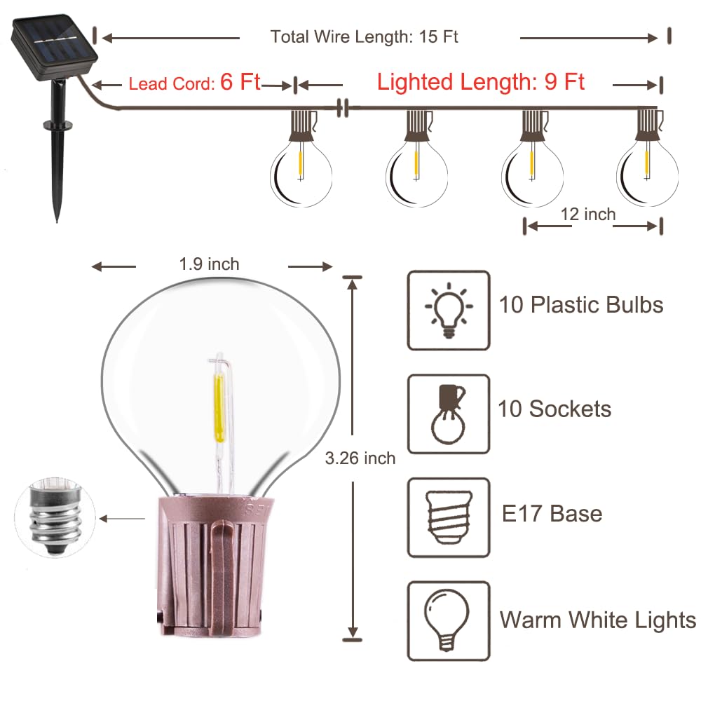 ALL FORTUNE Solar Outdoor String Lights, 15FT G50 Patio Lights String Waterproof with 10 Warm White LED Shatterproof Bulbs, Perfect for Garden, Backyard, Pergola, Party, Cafe, Camping Decoration ALL FORTUNE