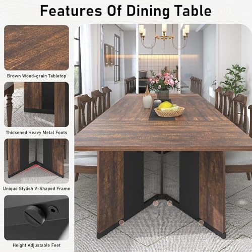 Hlivelood 94Inch Dining Table for 10 People,Modern Brown Rectangular Kitchen Table W/Waterproof Wood Tabletop,Long Dining Room Tables W/Adjustable Legs&Metal Frame for Kitchen Living Room?Brown? Hlivelood