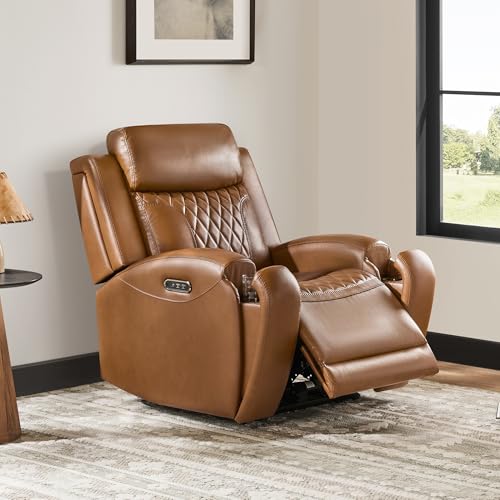 CHITA Genuine Leather Recliner Chair for Adults with Adjustable Power Headrest, Lay Flat Power Recliner with Slide-Out Cupholders & USB/Type-C Ports, Living Room Chair, Saddle CHITA
