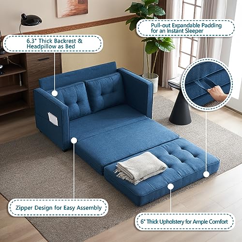VINGLI Upgraded Loveseat Sleeper, 53.5" W 80" L Convertible Sofa Bed Couch Futon Couches for Living Room, Folding Couch Bed for Small Spaces, Foldable Floor Gaming Sofa Bed for Basement, Navy Blue VINGLI