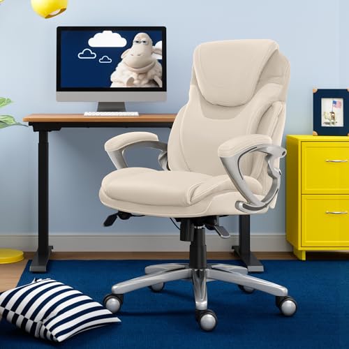 Serta Bryce Executive Office Chair, Ergonomic Computer DeskChairs with Patented AIR Lumbar Support, Comfy Body Pillows, Height Adjustable, Swivel Base with Wheels, Bonded Leather, Cream White Serta