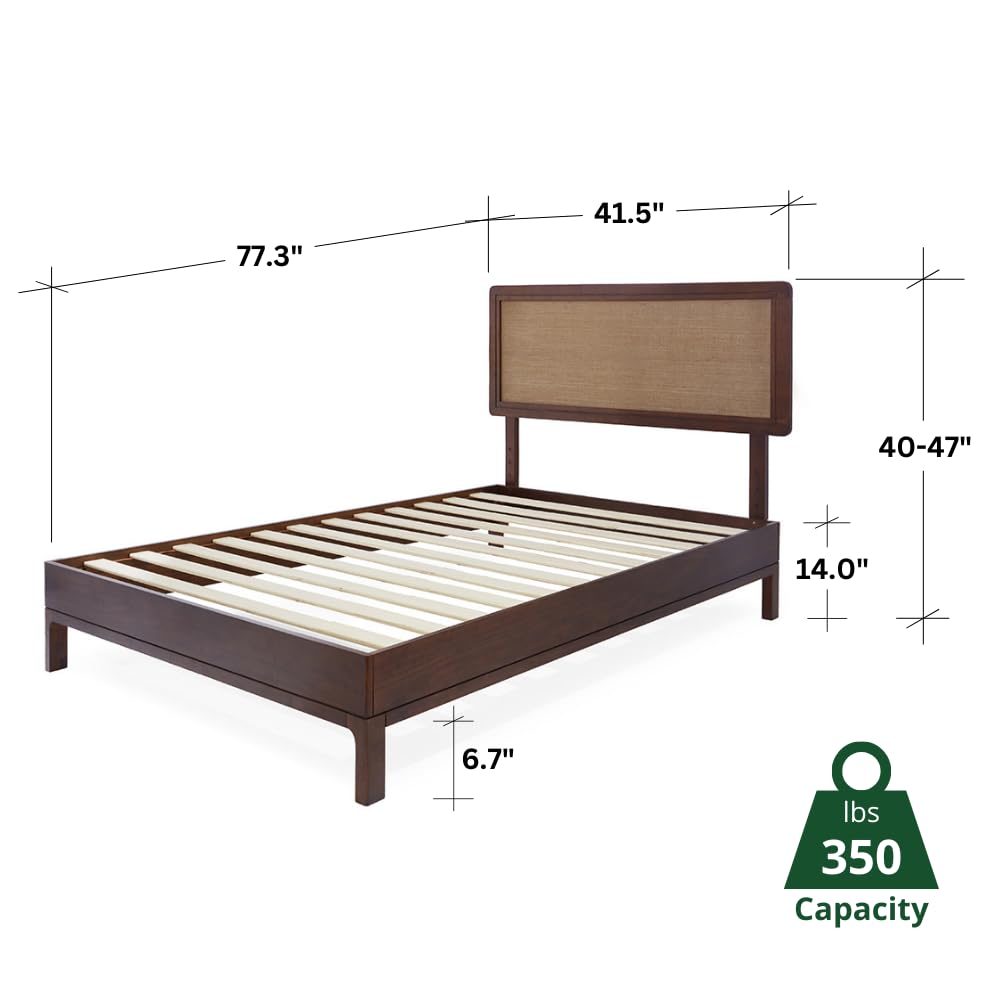 Bme Nipe 14 Inch Bohemian Bed Frame with Adjustable Woven Headboard - Rustic & Vintage Unique Style with Acacia Wood - No Box Spring Needed - Easy Assembly - Twin, Walnut Bme