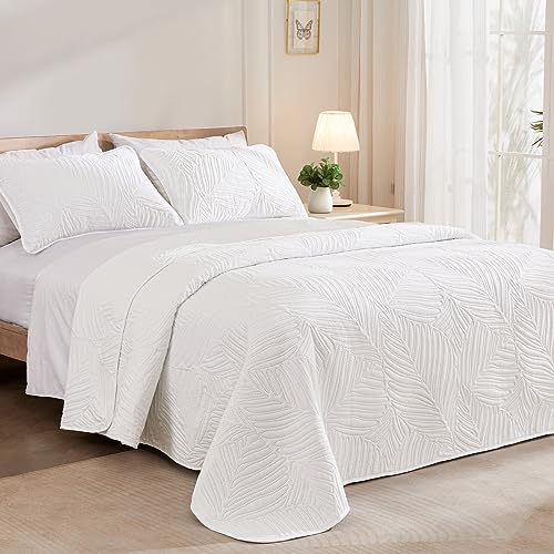 Exclusivo Mezcla King Size Quilt Bedding Set, Lightweight White Quilts King Size for All Seasons, Soft Microfiber Bedspreads Coverlets Bed Cover with Leaf Pattern, 3 Piece Exclusivo Mezcla