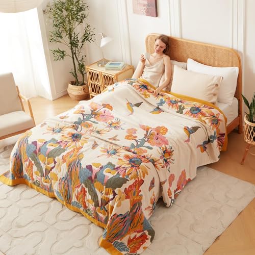 King Throw Blanket for Bed 100% Cotton Boho Soft Rustic Quilt Butterfly and Floral Double Embroidery Breathable Spring Bed Blanket,90"x108" All Season Blankets for Bedding Couch Home Decor LUTBM