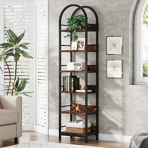 LITTLE TREE 78.7 Inches Tall Arched Bookshelf, 6 Tiers Skinny Open Bookcase with Metal Frame, Freestanding Corner Display Shelves Rack for Living Room, Home Office, Brown LITTLE TREE