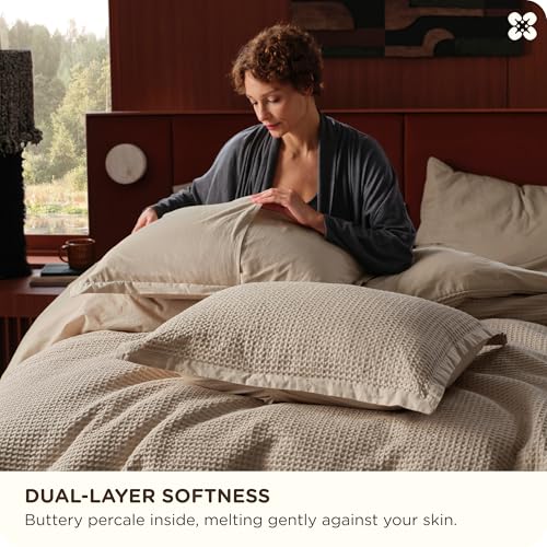 Bedsure Cotton Duvet Cover Queen - 100% Cotton Waffle Weave Khaki Duvet Cover Queen Size, GentleSoft™ and Breathable Tan Bedding Set for All Season, 3 Pieces, 90"x90" Bedsure