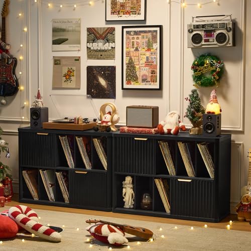 LEYAOYAO Large Record Player Stand with Vinyl Storage Up to 450 Albums, Wood Fluted Boho Record Storage Accent Cabinet, Modern Stereo Media Cabinets, Wide Turntable Stand for Living Room, Black Oak LEYAOYAO