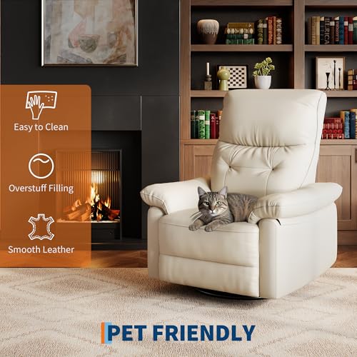 Garvee Power Recliner Chair with 270° Swivel and Rocking, Electric Glider Nursery Chair with USB Charging Port, PU Leather Upholstery and Button Tufted Backrest for Living Room, Cream