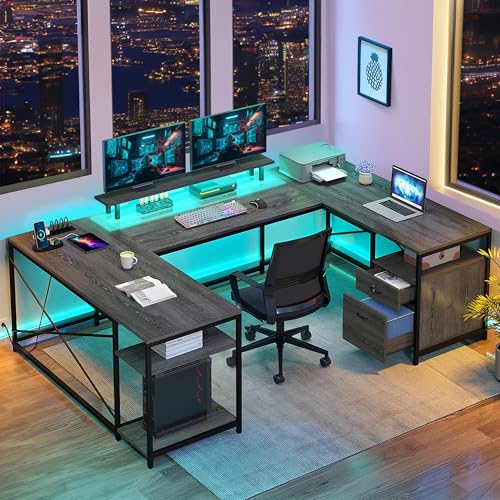 DWVO U Shaped Desk with Drawers, 79" Reversible L Shaped Desk with Power Outlets & LED Lights, Corner Computer Desk with Monitor Stand & Storage Shelves, Grey DWVO