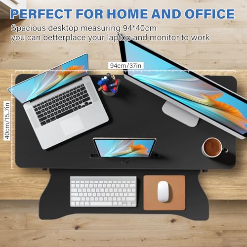 37 Inch Standing Desk Converter - Manual Pneumatic Spring, Two Monitor Stable Standing Desk Converter, 5.9" to 18.8" Height Adjustable Laptop Workstation with Keyboard Tray for Home, Company(Black) Generic