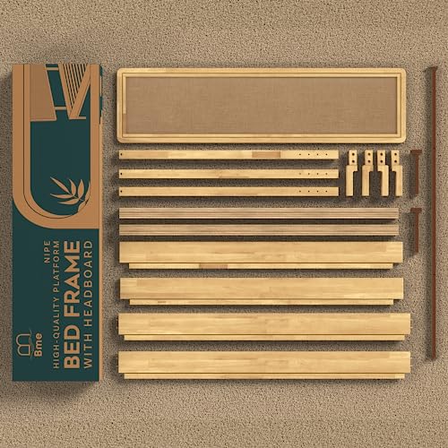 Bme Nipe 14 Inch Bohemian Queen Bed Frame with Adjustable Woven Headboard in Natural Acacia Wood Bme