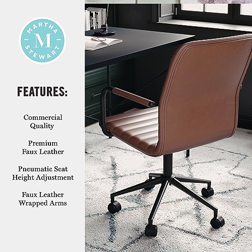 Martha Stewart Taytum Swivel Task Chair with Armrests for Home Office in Saddle Brown Faux Leather with Oil Rubbed Bronze Frame Martha Stewart