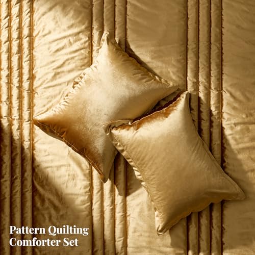 MUSSEL Bedding Comforter Set Queen Size 3 Pieces-Luxury Shiny Gold Striped Lightweight Bedroom Comforter Queen Size,Soft Velvet Bed Set with 2 Shams MUSSEL