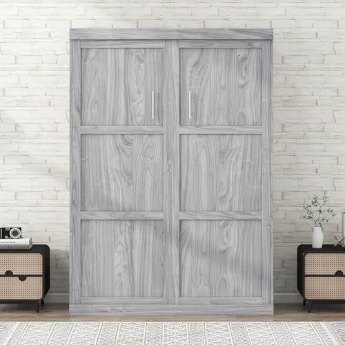 LUMISOL Full Size Murphy Bed Frame, Solid Wood Foldable Wall Bed Full Farmhouse Murphy Bed with Metal Frame, can be Folded into a Cabinet, Gray