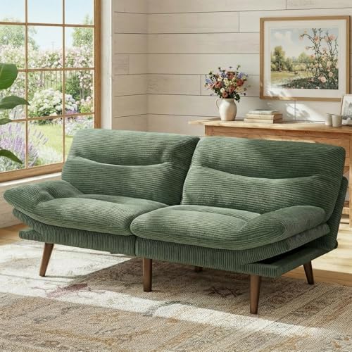 Marsail 74.8" Futon Sofa Bed, Corduroy Convertible Futon Couch with Adjustable Backrest & Armrests, Small Sleeper Sofa Loveseat for Small Apartments, Study Room, Office, Green Marsail