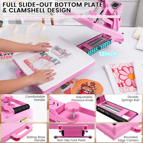 Whubefy Upgraded Heat Press 15x15 Slide Out, Industrial-Quality Digital Sublimation Heat Transfer Machine w/5 DTF Transfer Sheets, Clamshell Heat Press Machine for T-Shirts, Bags, Mouse Pads & More Whubefy