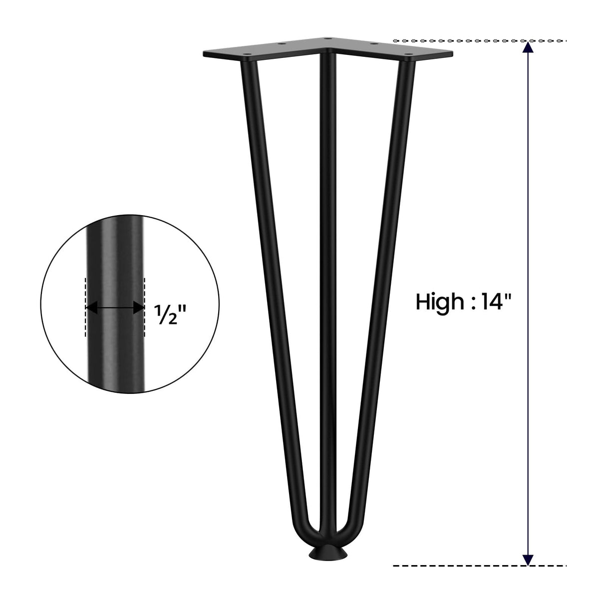 SMARTSTANDARD Hairpin Table Legs 14 Inch, 1/2'' in Diameter 3 Rods, Metal Home DIY Projects for Nightstand, Coffee Table, Dresser with Rubber Floor Protectors, Black, 4PCS SMARTSTANDARD