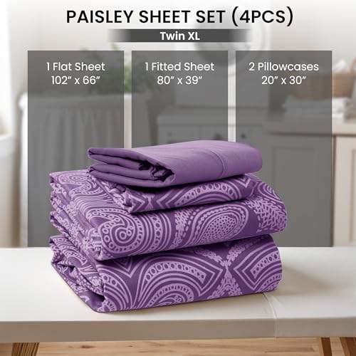 Ultra Soft Wrinkle-Free Microfiber Paisley Twin XL Sheet Set, Breathable Boho Bed Sheet Set – 16" Deep Pocket Fitted Sheet, Flat Sheet & 2 Pillowcases, Juegos de Sábanas, OEKO-TEX - Purple LDC LUX DECOR COLLECTION