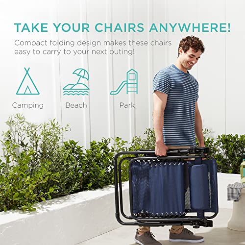 Best Choice Products Set of 2 Adjustable Steel Mesh Zero Gravity Lounge Chair Recliners w/Pillows and Cup Holder Trays - Navy Blue