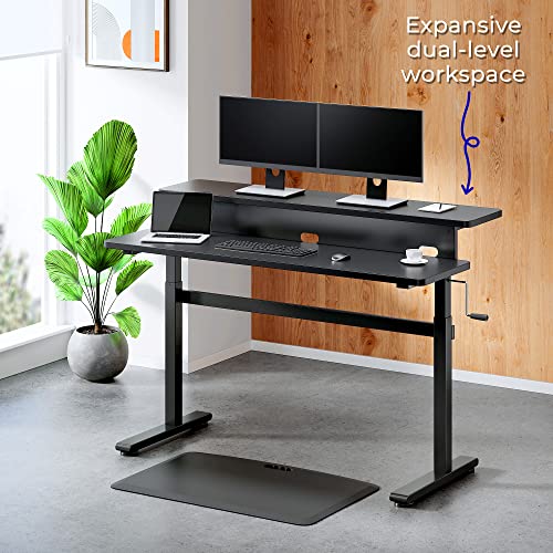 Stand Steady Tranzendesk | 55 Inch Dual Level Standing Desk with Shelf | Easy Crank Height Adjustable Sit to Stand Desk | Stand Up Workstation with Monitor Riser for Home & Office (55in / Black) Stand Steady