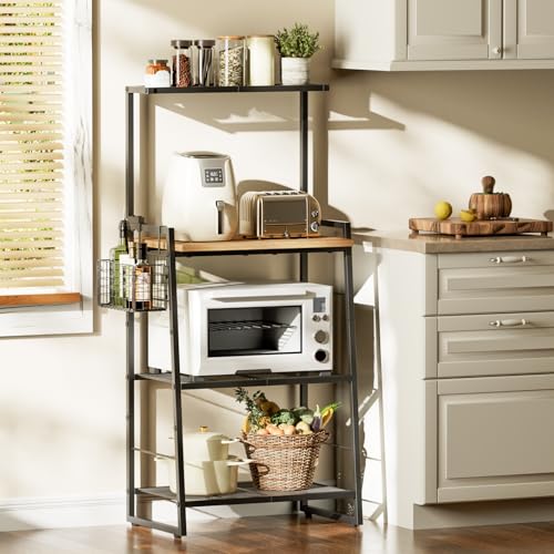 Anniper Bakers Rack with Foldable Basket, Large 4 Tiers Coffee Bar Station, Kitchen Microwave Stand with Storage, Metal Shelf Rack for Living Room, Office, Garage (Rustic Brown)
