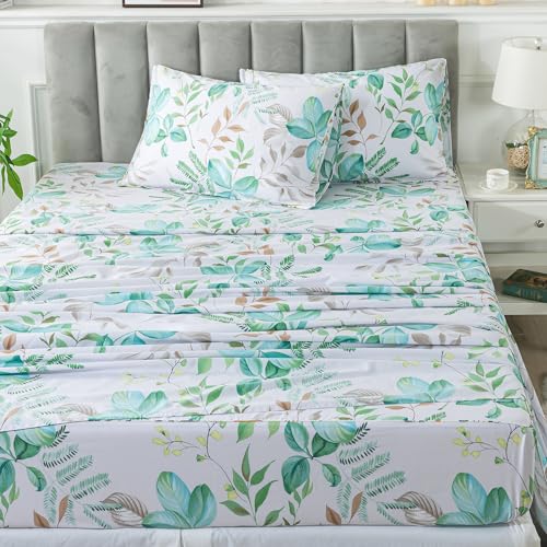 FADFAY Full Sheets 100% Cotton Teal Green Leaf Pattern Printed Bed Sheets, Botanical Sheets Leaves Pattern Modern Minimalist Bedding, Soft Crisp & Breathable Luxury Deep Pocket Fitted Sheet, 4Pc FADFAY