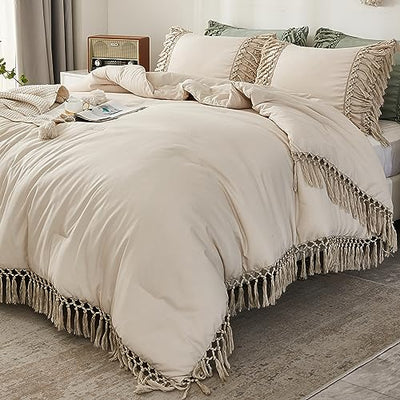 Andency Full Size Comforter Sets Beige, 3 Pieces Boho Bed Comforter Full, Lightweight Tassel Bedding Comforter Set, All Season Bed Set (79x90In Comforter & 2 Pillowcases)
