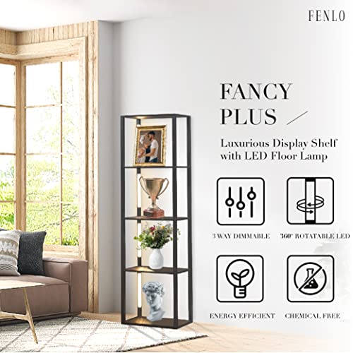 FENLO 64" Display Shelf with Dimmable LED Floor Lamps, Sturdy Display Cabinet with Shelves for Bedroom, Open Bookshelf Display Case with Corner Curio Cabinet, 3 Brightness Levels, Fancy Plus Black FENLO