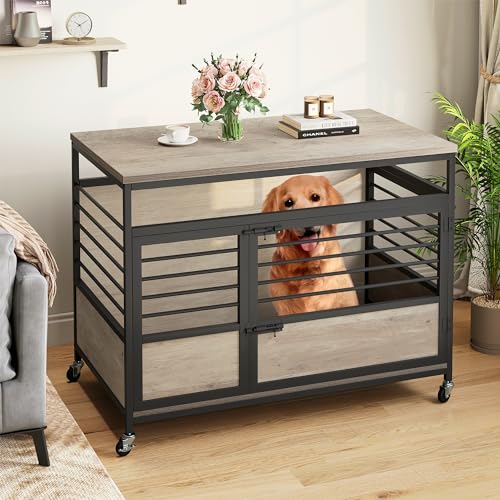 DWVO Dog Crate Furniture, 39.4 Inch Dog Kennel Indoor Furniture with Double Doors, End Table Cage for Large Dogs, Modern Decorative Cage Wooden Dogs Crate Furniture with Wheels, Grey DWVO