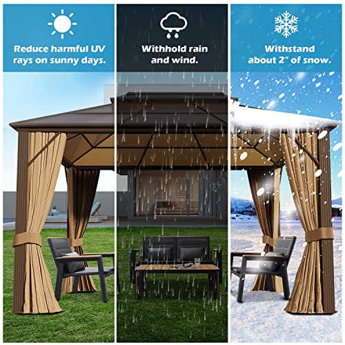 GAZEBEST 10' X 13' Permanent Hardtop Gazebo, Outdoor Polycarbonate Double Roof Pavilion Pergola Canopy with Aluminum Frame and Privacy Curtains for Patio, Garden, Backyard, Lawn GAZEBEST