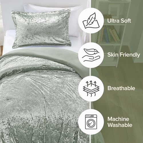 Comfort Spaces Luxe Velvet Comforter Set for Twin Size Bed, Microfiber Reverse, Juliette, All Season Bedding, Fluffy Bed Set, Sham, Sage Green 2 Piece Comfort Spaces