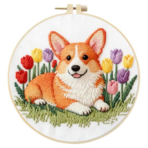 jinglinhh Embroidery Starter Kit Corgi Dog Tulip Flower for Adult Beginners, DIY Stamped Cross Stitch Kit Kit with Hoops, Threads & Embroidery Cloth, Needlework Craft Gift for Women