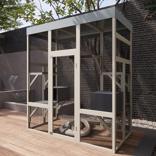 70.1" Gray Wooden Catio Outdoor Pet Enclosure - Spacious Secure Cat House with Waterproof Top, Black Rust-Proof Metal Wire & Small Animal Cage (Gray, 62.60x32.30x70.10) WoodArtSupply