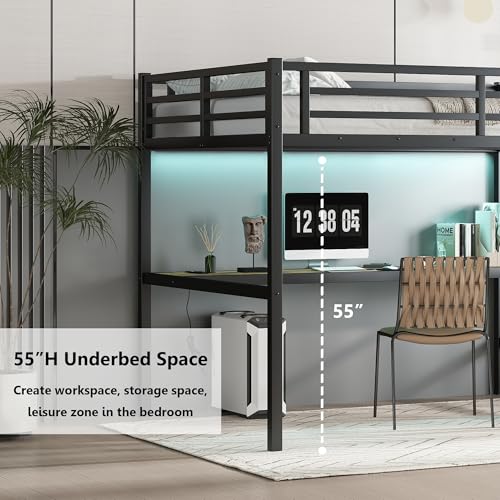 Bellemave Loft Bed Full Size, Full Loft Bed with Desk and Charging Station(USB Port & Outlets), Heavy Duty Loft Beds with RGB LED Light, Side Ladder and Full Length Guardrail, Noise Free Design, Black Bellemave